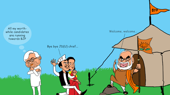 Nitish Kumar JD (U) President Party Members Joining BJP Narendra Modi Campaign Cartoons, Shcok to Nitish Kumar Political Funny Cartoons Modi, Nitish   Kumar